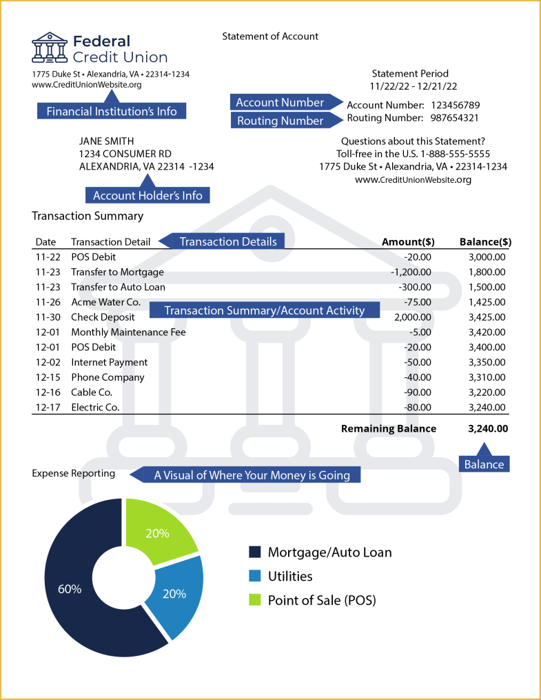 Monthly account statement showing name of financial institution, account and routing numbers, account holder name, transaction details, account balance, and a pie chart showing a where money is going..