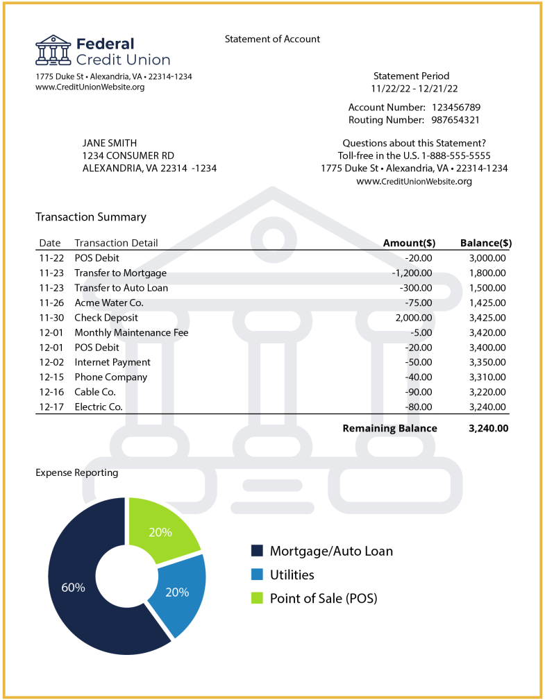 Monthly account statement showing name of financial institution, account and routing numbers, account holder name, transaction details, account balance, and a pie chart showing a where money is going.