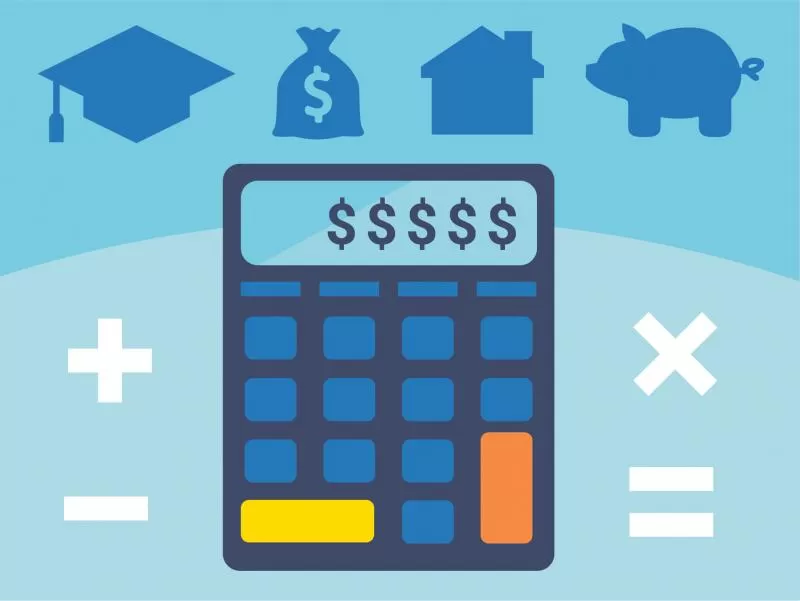 Handheld financial calculator, with symbols for a graduation cap, bag of money, house, and piggy bank 