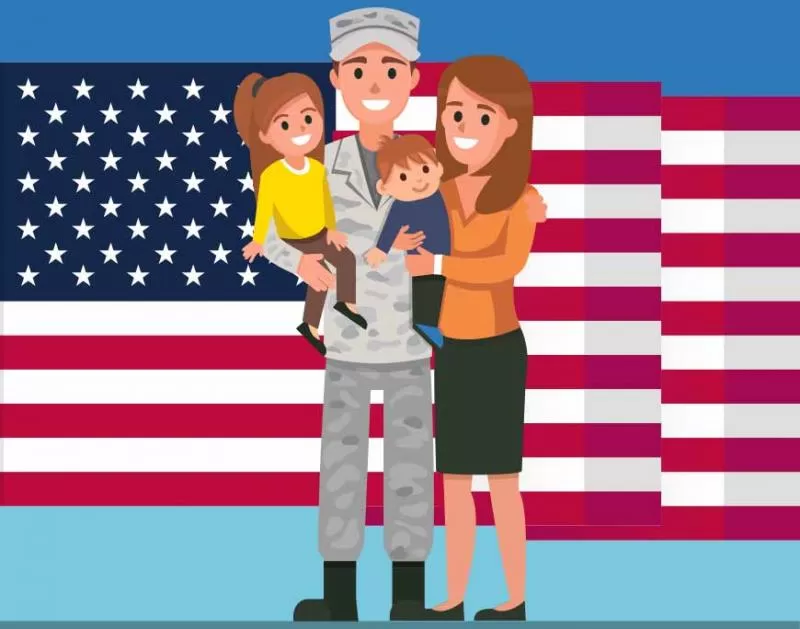 Servicemember, spouse, children, standing in front of U.S. flag 